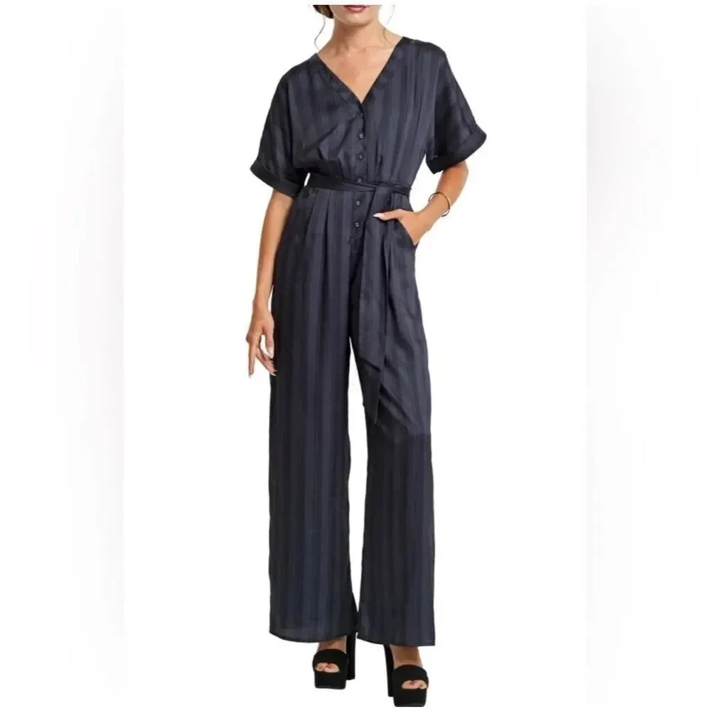 CIEBON | Naya Variegated Tonal Stripe Jumpsuit Black Gray Hutton Front | Size Me